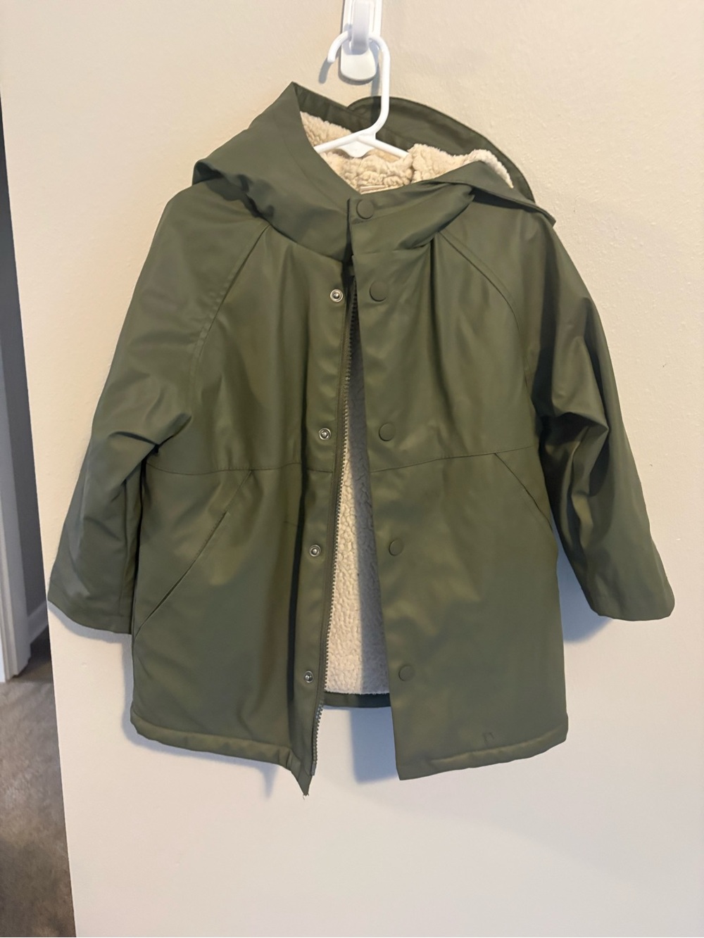 Zara Olive Green Hooded Raincoat with Sherpa Lining